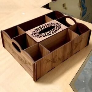 wooden serving platter with tissue box